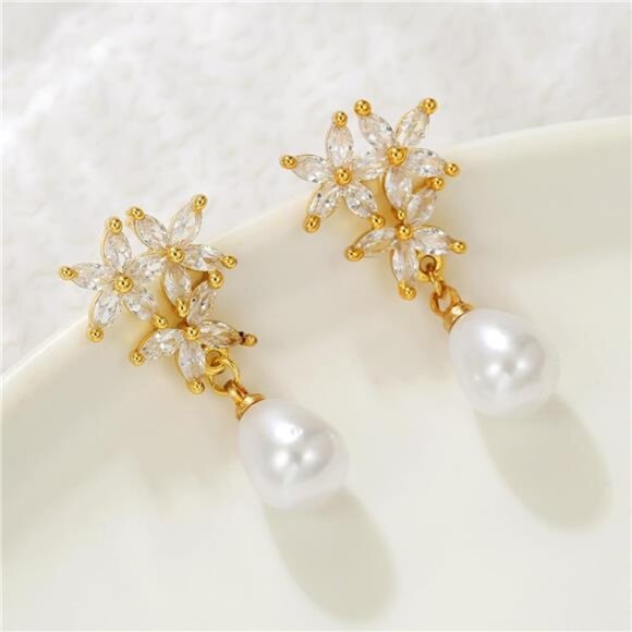 Gold-Plated Pearl Drop Earrings – CZ Leverback Design, Hypoallergenic - Picture 5 of 6